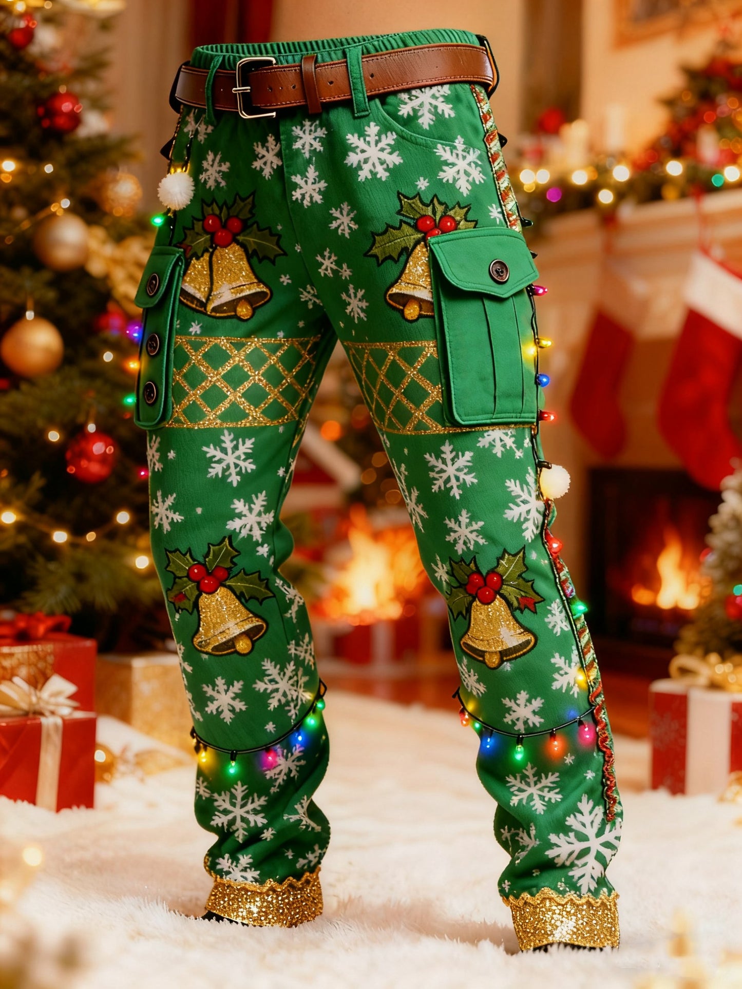 Men's Christmas Bells Holly Berries Plaid Printed Cargo Pants