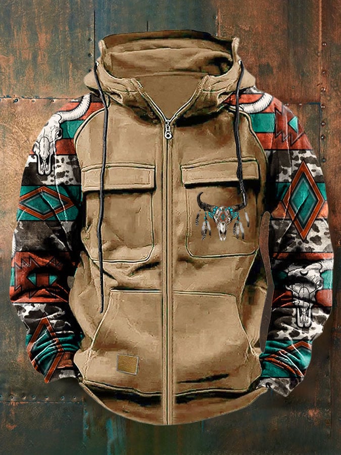 Men's Vintage Western Print Multi-Pocket Jacket