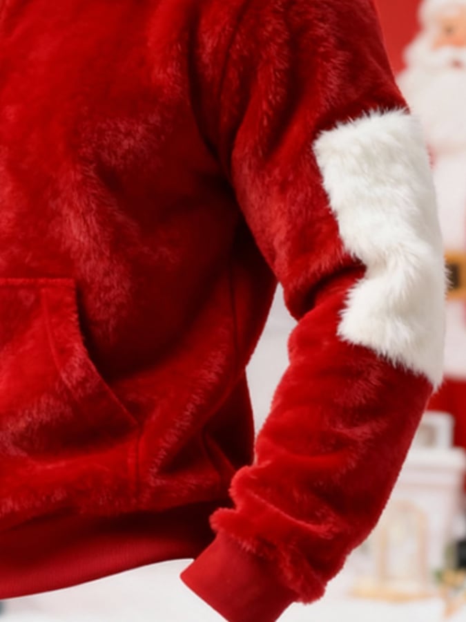 Men's Warm Plush Stitching Contrast Color Christmas Hooded Sweatshirt