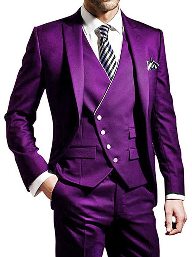 Men's Three-Piece Business Suit With One Button And Contrast Stitching