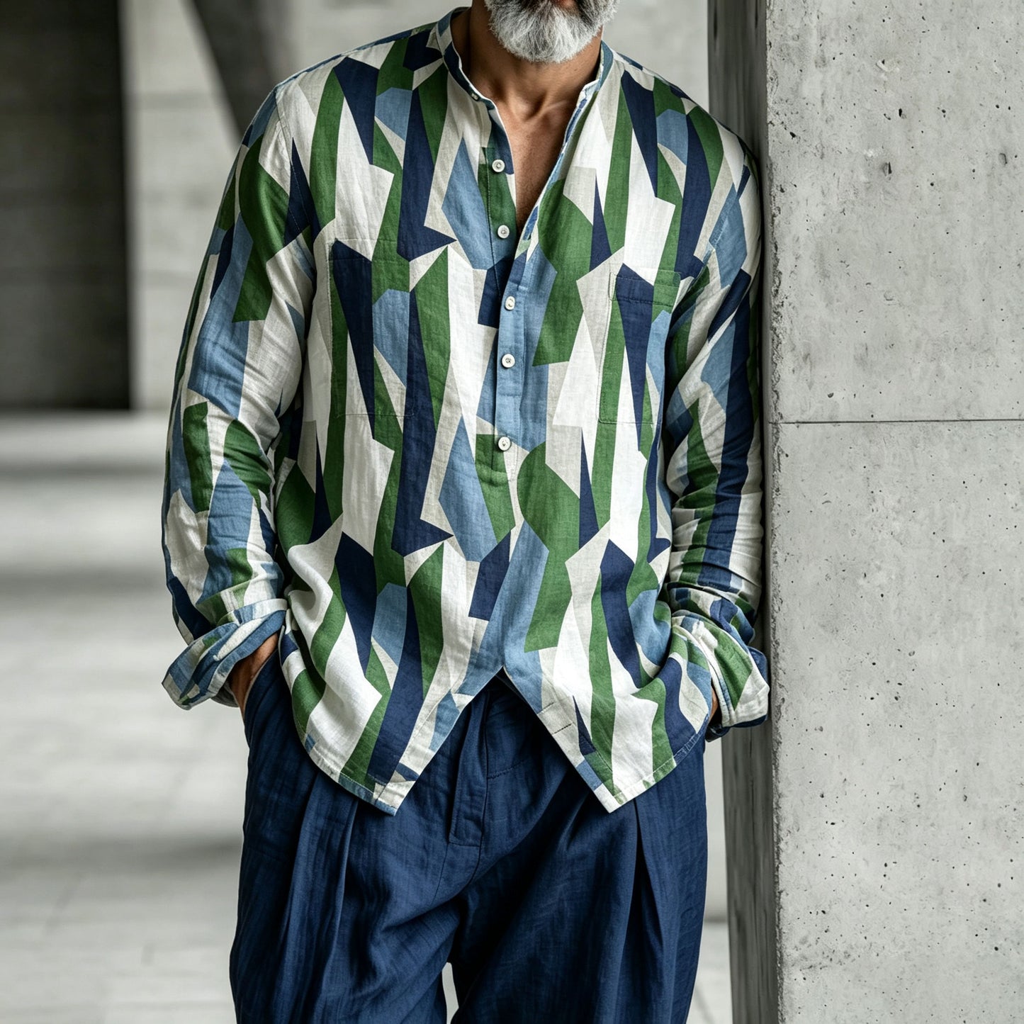 Men's Color-Blocked Stand-Collar Half-Open Henley Shirt and Pants