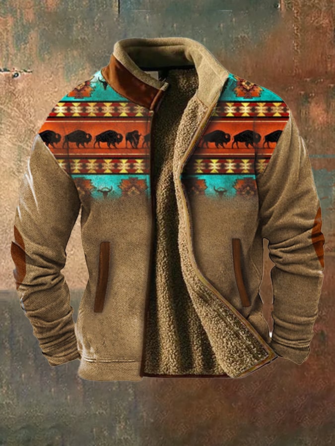 Men's vintage western hunting patchwork warm fleece jacket