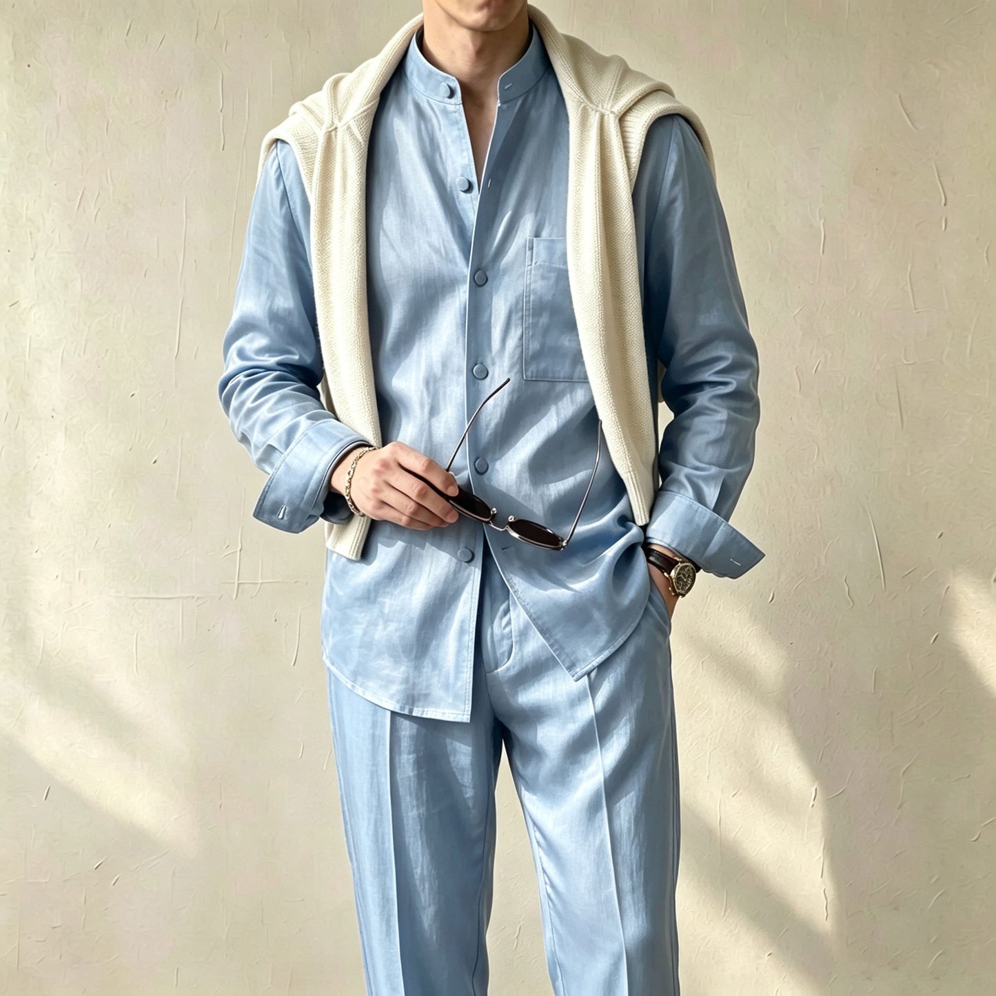 Men's Casual Solid-Color Printed Stand-Collar Long-Sleeve Shirt and Pants Two-Piece Set