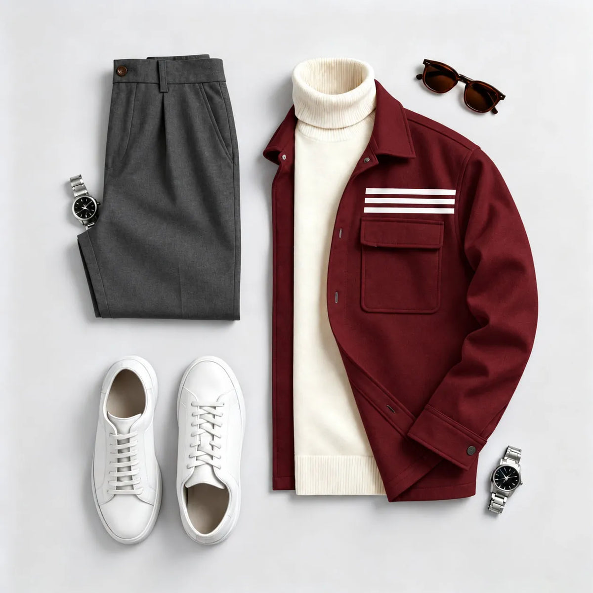 Men's red long-sleeve shirt and long pants two-piece set