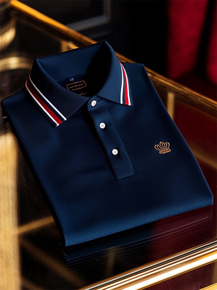 Men's Business Casual Striped Logo Button Short Sleeve Polo Shirt