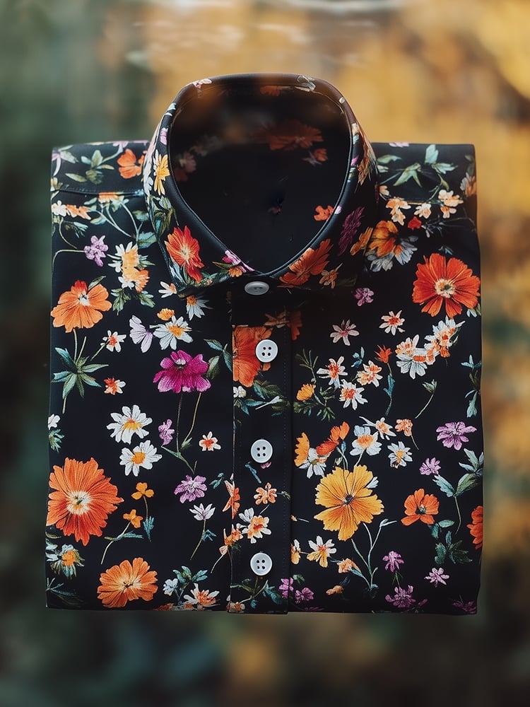 Men's Business Casual Floral Lapel Short Sleeve Shirt