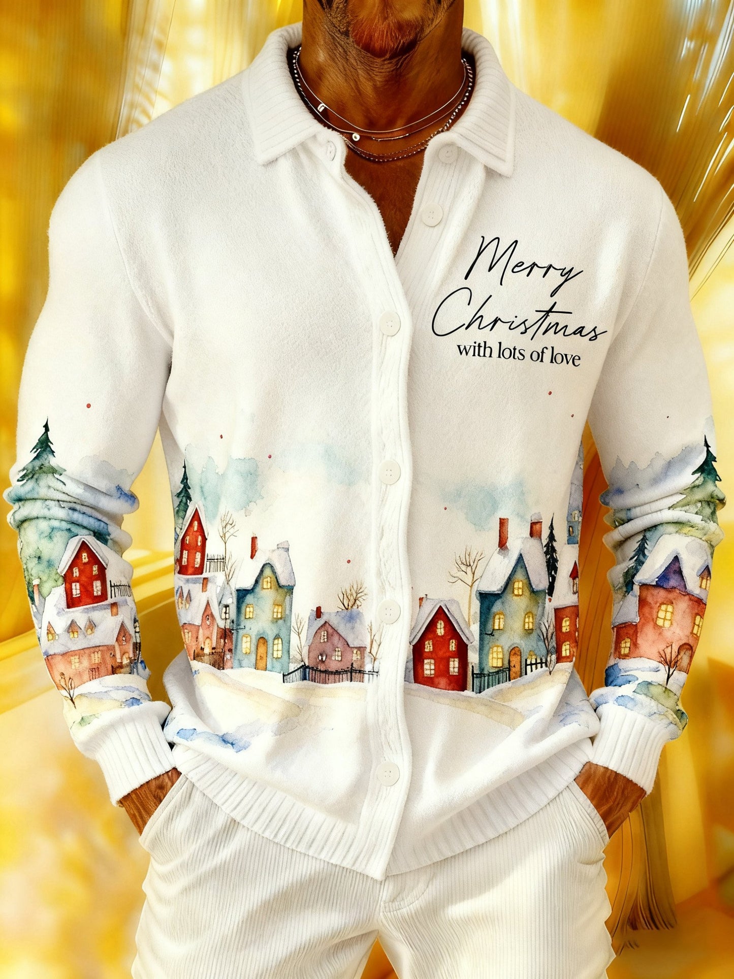 Men’s "Merry Christmas With Lots Love“Soft Cozy Knit Cardigan Shirt