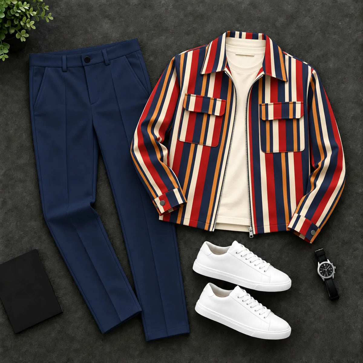 Men's Striped Print Zipper Cardigan and Pants Two-Piece Set