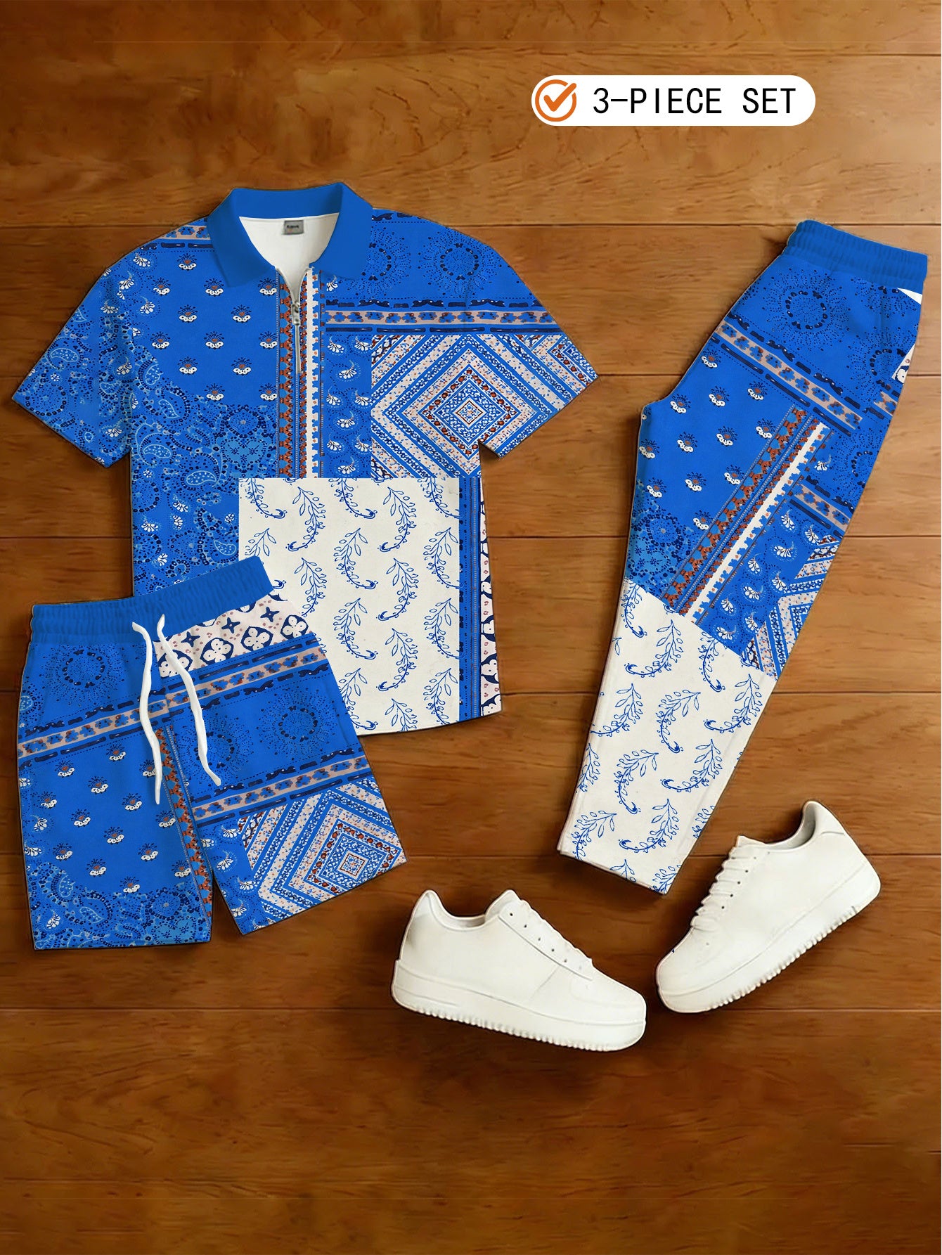 Men's Casual 3-Piece Set Including A Half-Zip Short-Sleeved Shirt, Shorts, And Trousers