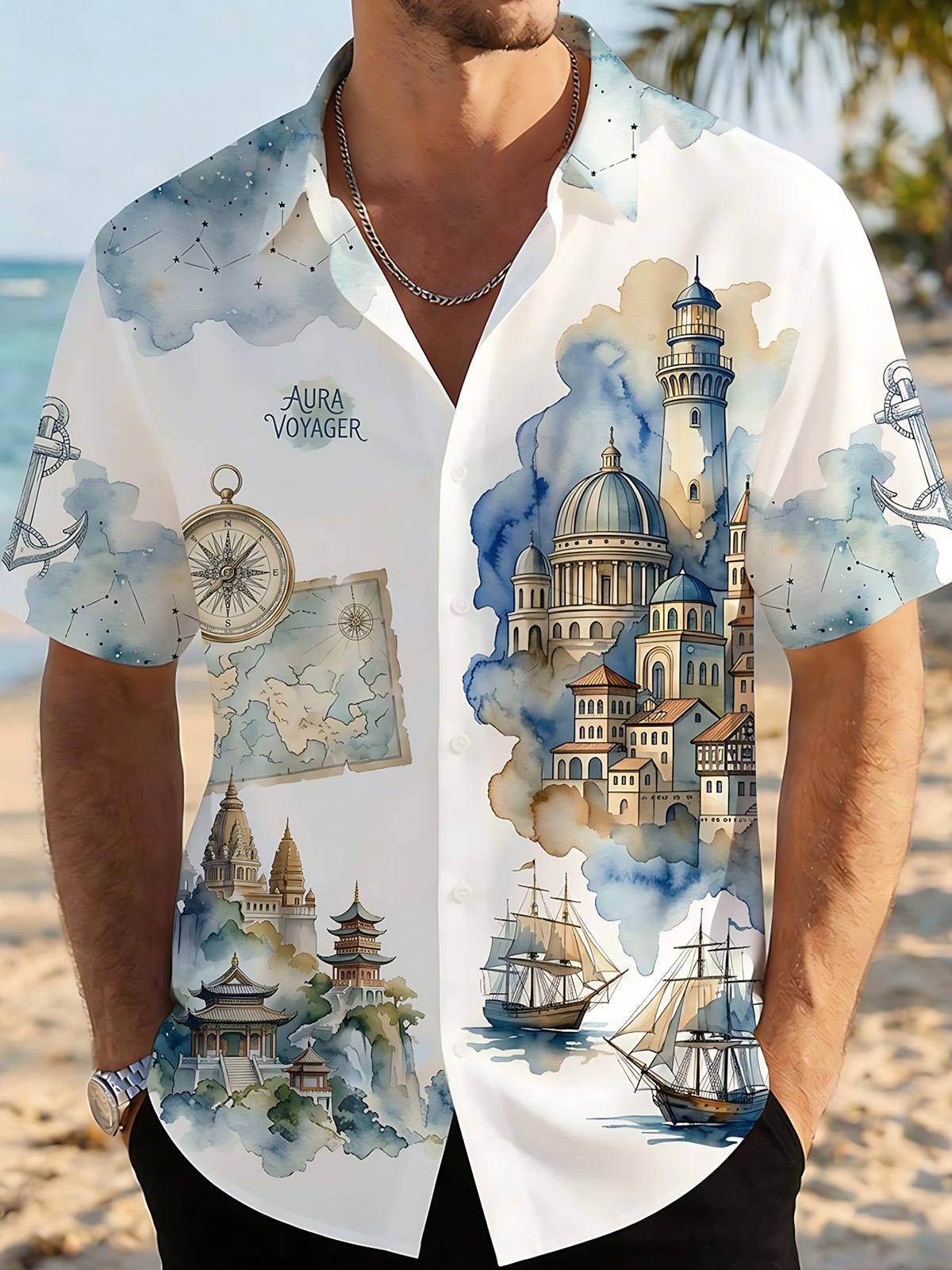 Boat Compass Nautical Art Print Men's Pocket Short Sleeve Shirts