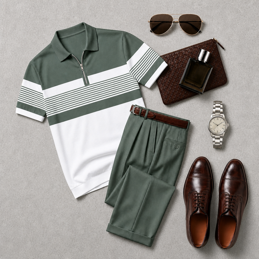 Men's Casual With Green and White Print Polo Collar Zipper Short-Sleeve and Pants Set