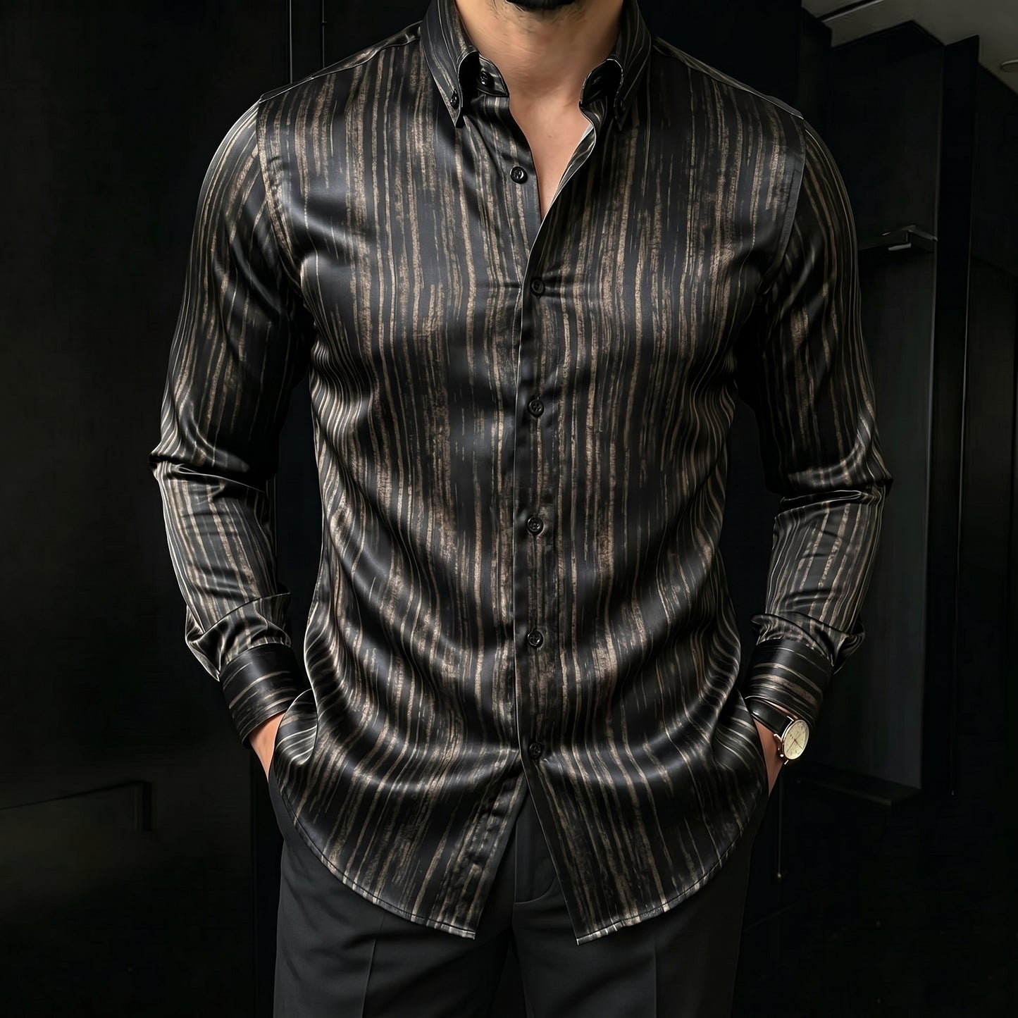 Men's Black Striped Printed Long Sleeve Shirt