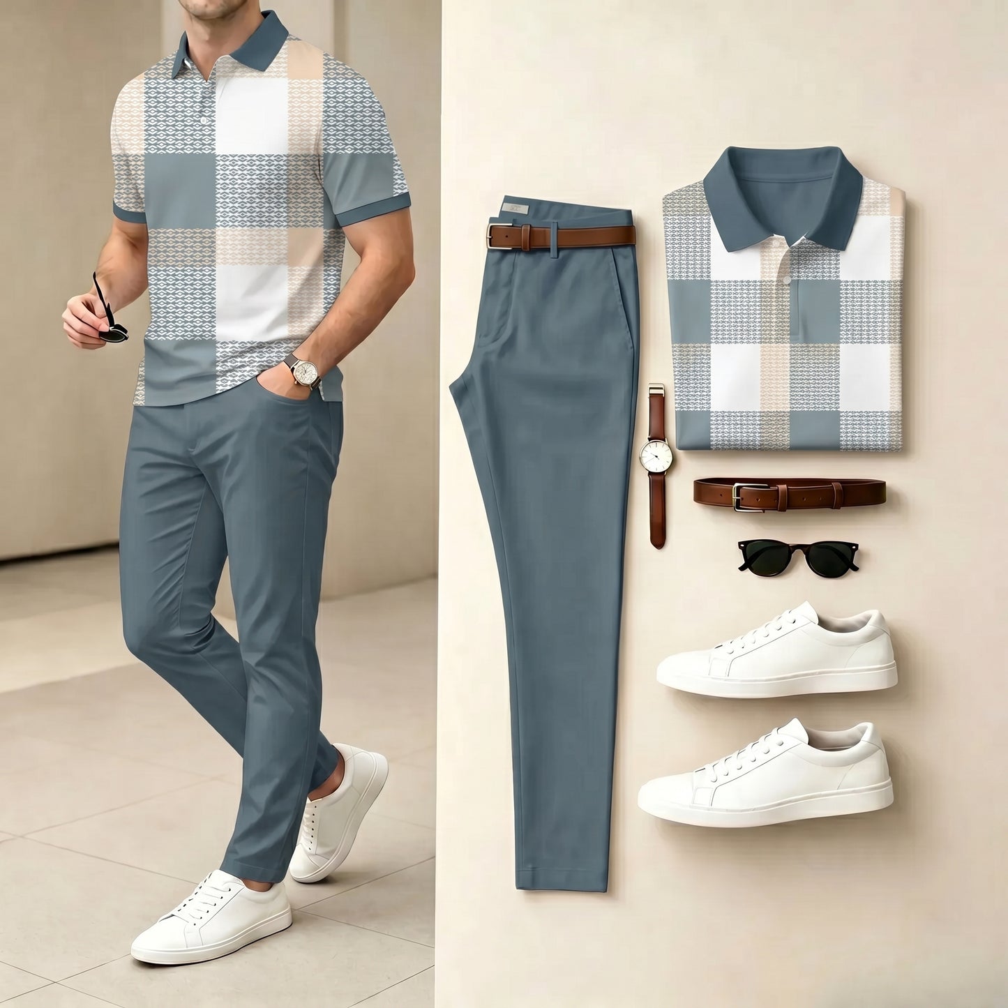 Men's Casual Blue & White Color Matching Plaid Printed Polo Shirt & Pants Two-Piece Set