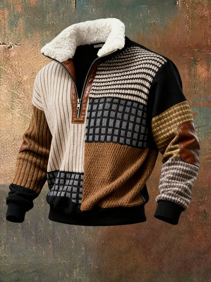 Men's Retro Color Block Print Casual Fur Collar Long Sleeve Sweatshirt