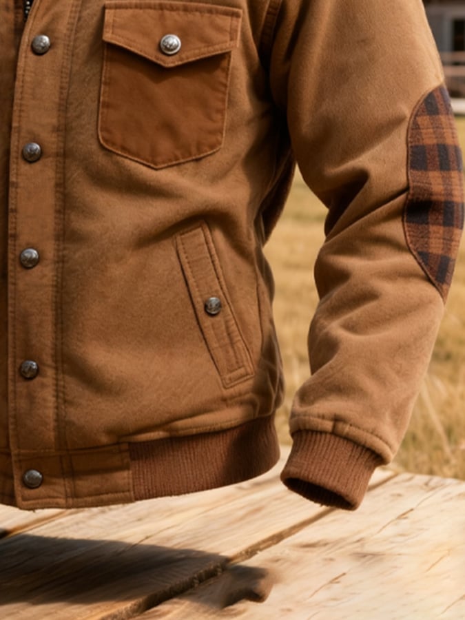 Men's Retro Checkered Fur Collar Multi-Pocket Jacket