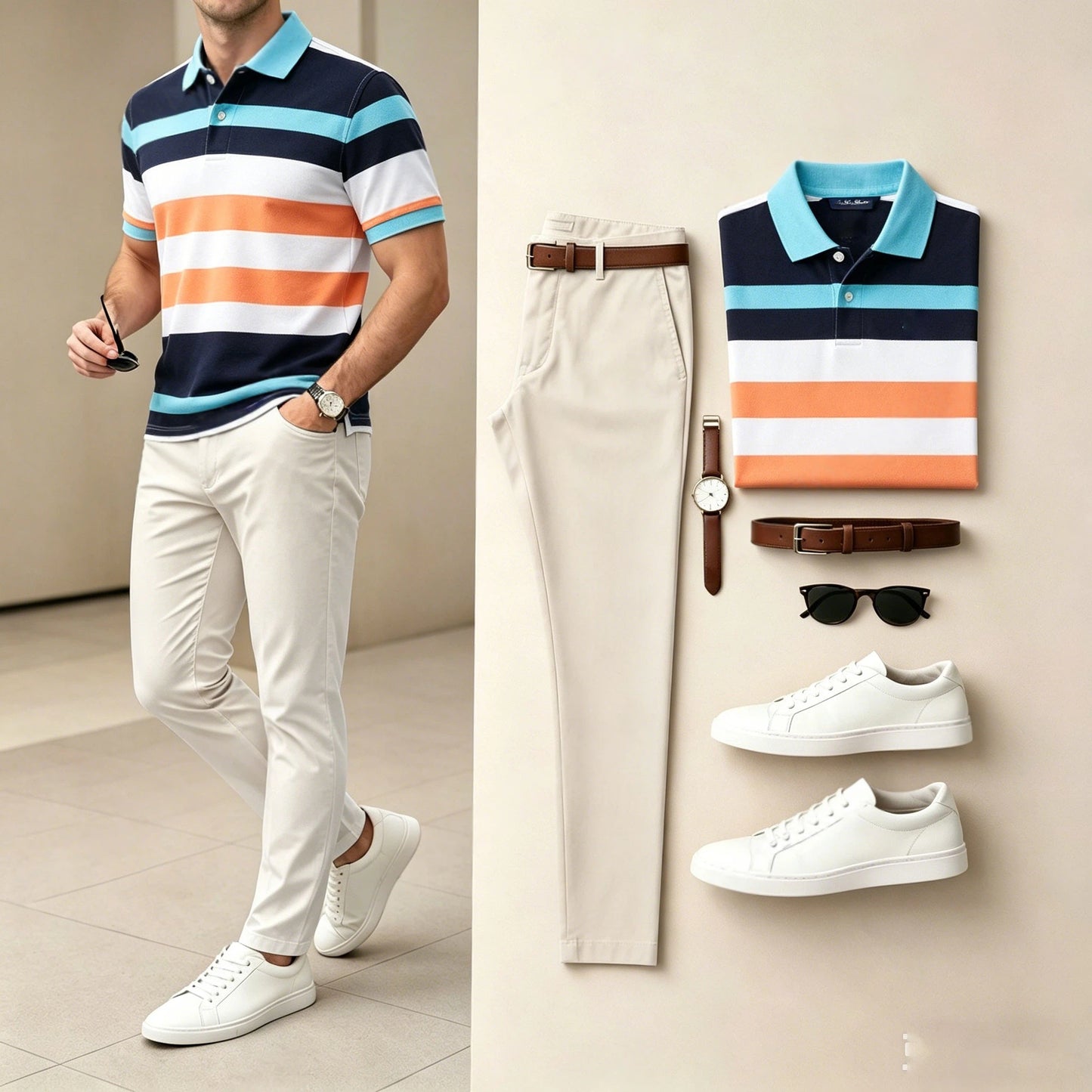 Men's Casual Orange & Royal Blue Printed Polo Shirt And Pants Two-Piece Set