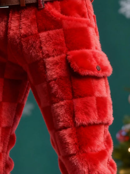 Men's Red Textured Plush Warm Christmas Cargo Pants
