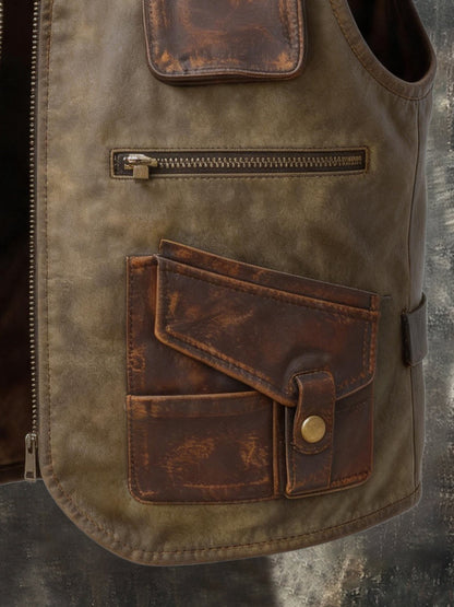 Men's Vintage Leather Multi-Pocket Utility Vest