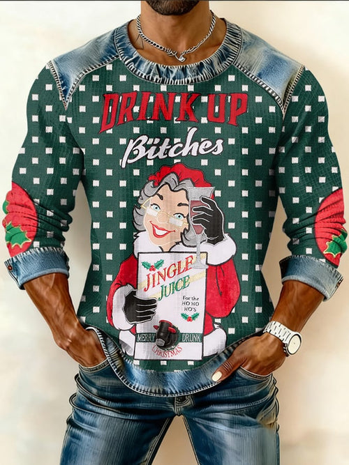 Men's Retro Let's Get Elfed Up Christmas Print Crew Neck Pullover