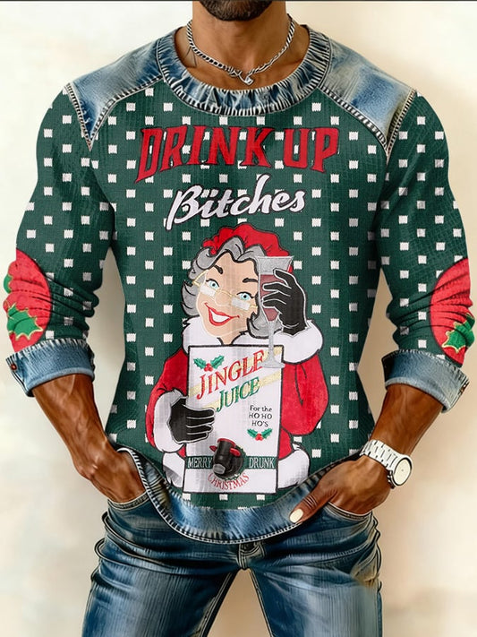 Men's Retro Let's Get Elfed Up Christmas Print Crew Neck Pullover