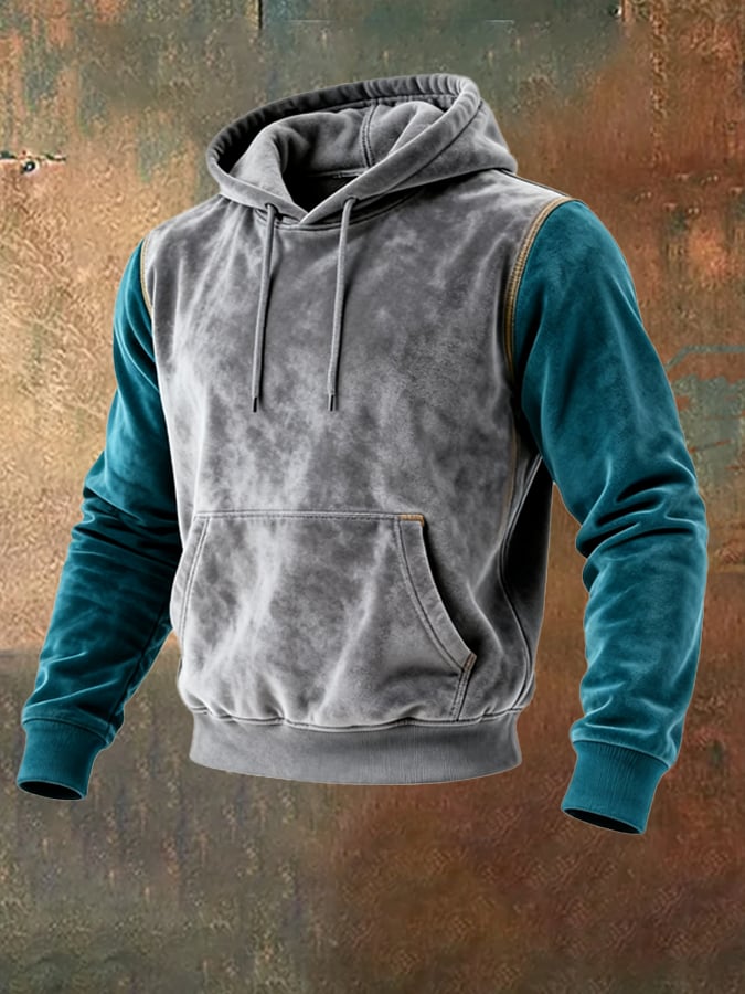 Men's Retro Suede Stitching Contrast Color Comfort Hooded Sweatshirt