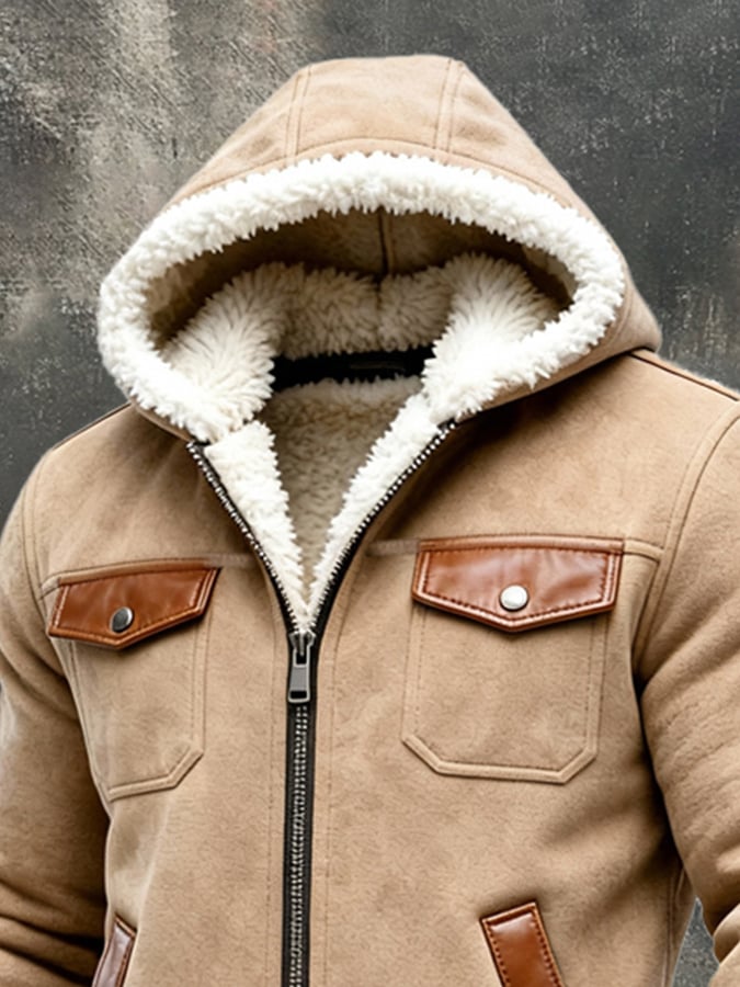 Men'S Vintage Warm Suede Hooded Jacket
