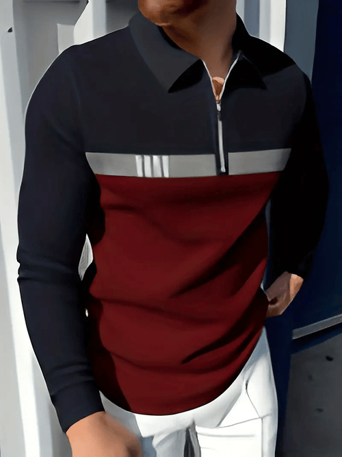 Men's Business Casual Striped Zip-Up Polo Shirt