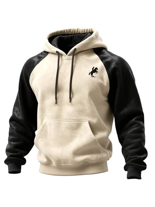 Men's Winter Horseback Riding Print Contrast Color Stitching Hooded Sweatshirt