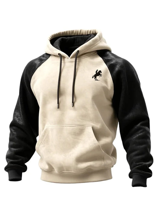 Men's Winter Horseback Riding Print Contrast Color Stitching Hooded Sweatshirt