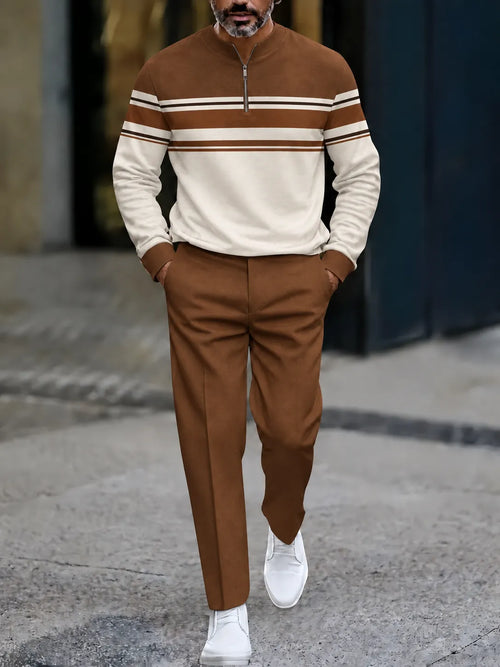Men's Printed Zipper Polo Shirt and Pants Set