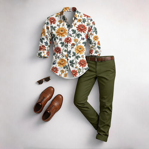Men's Vintage Floral Print Long-Sleeve Shirt and Pants 2-Piece Set