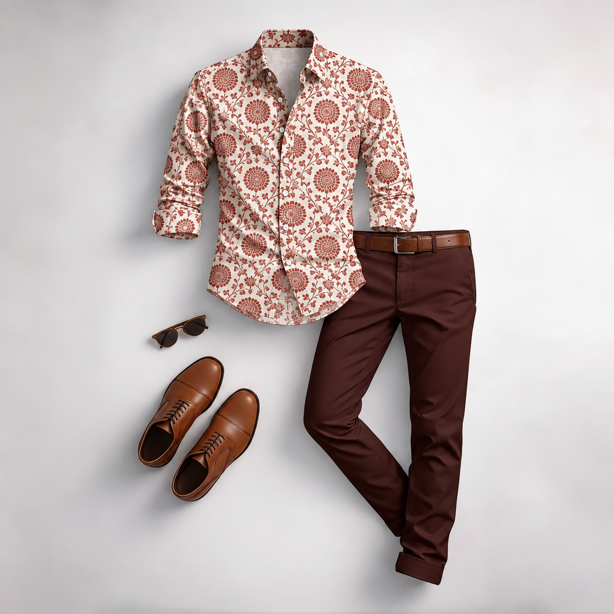 Men's Vintage Floral Print Long-Sleeve Shirt and Pants 2-Piece Set