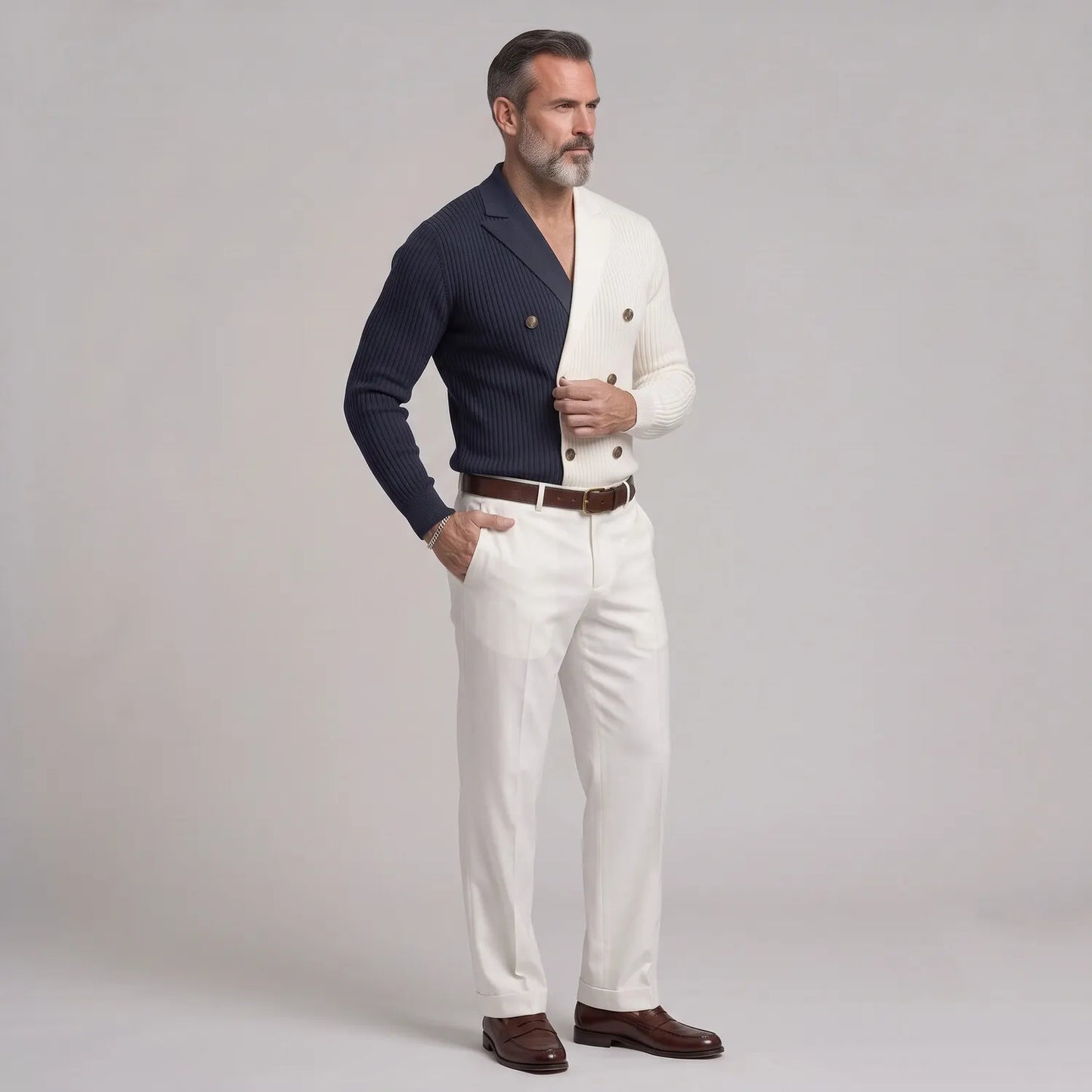 Men's Colorblock Ribbed Knit Double-Breasted Lapel Collar Slim Fit Shirt