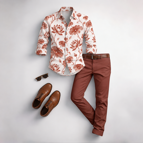 Men's Vintage Floral Print Long-Sleeve Shirt and Pants 2-Piece Set