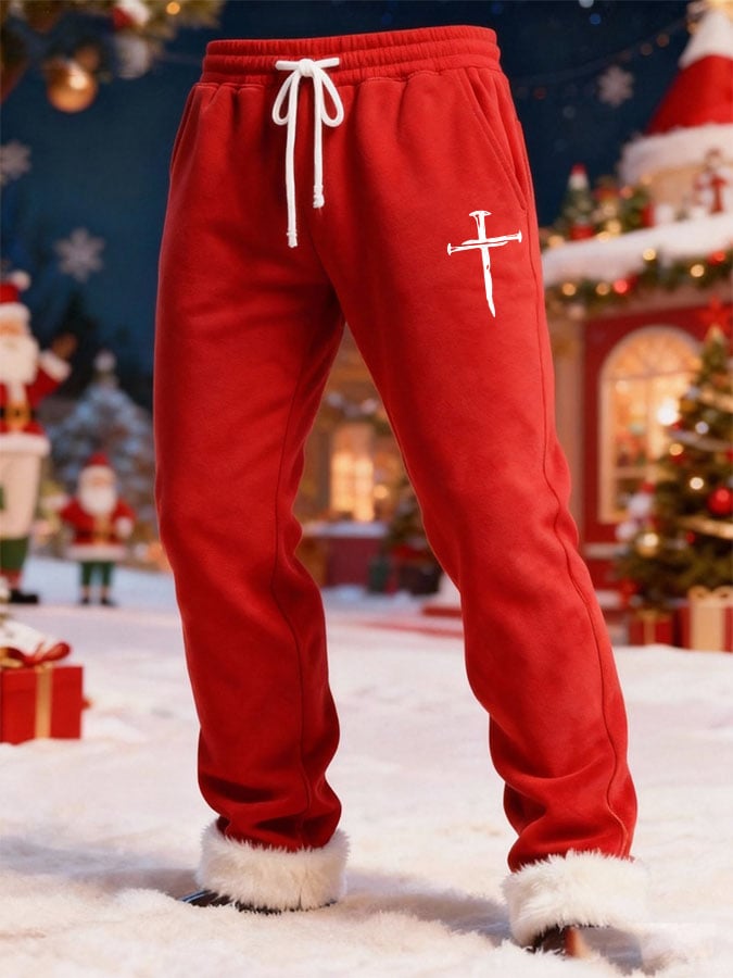Men's Christmas Patchwork Furry Casual Pants