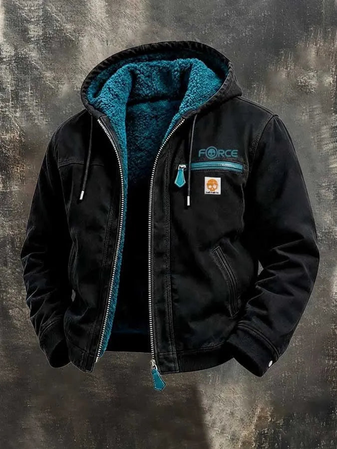 Men's Retro Color-Block Fleece-Lined Warm Hooded Utility Jacket