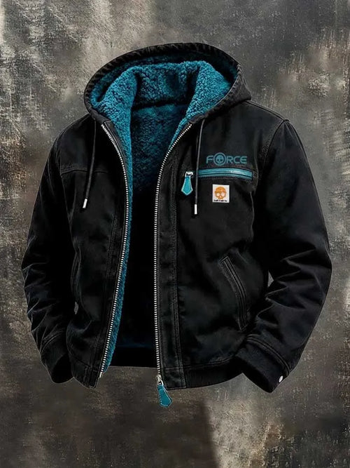Men's Retro Color-Block Fleece-Lined Warm Hooded Utility Jacket