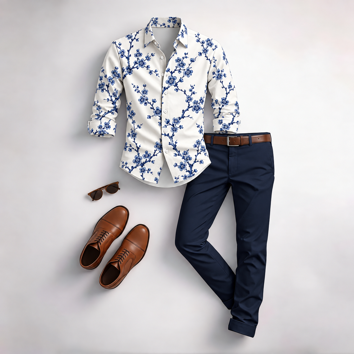 Men's Vintage Floral Print Long-Sleeve Shirt and Pants 2-Piece Set
