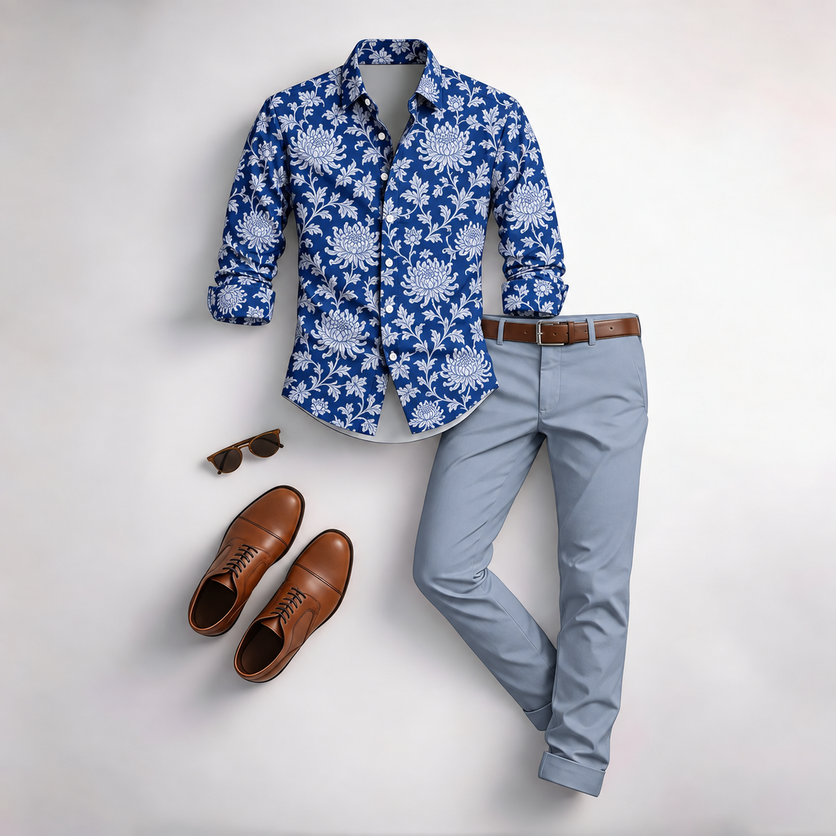 Men's Vintage Floral Print Long-Sleeve Shirt and Pants 2-Piece Set