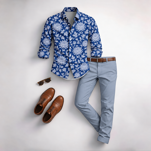 Men's Vintage Floral Print Long-Sleeve Shirt and Pants 2-Piece Set