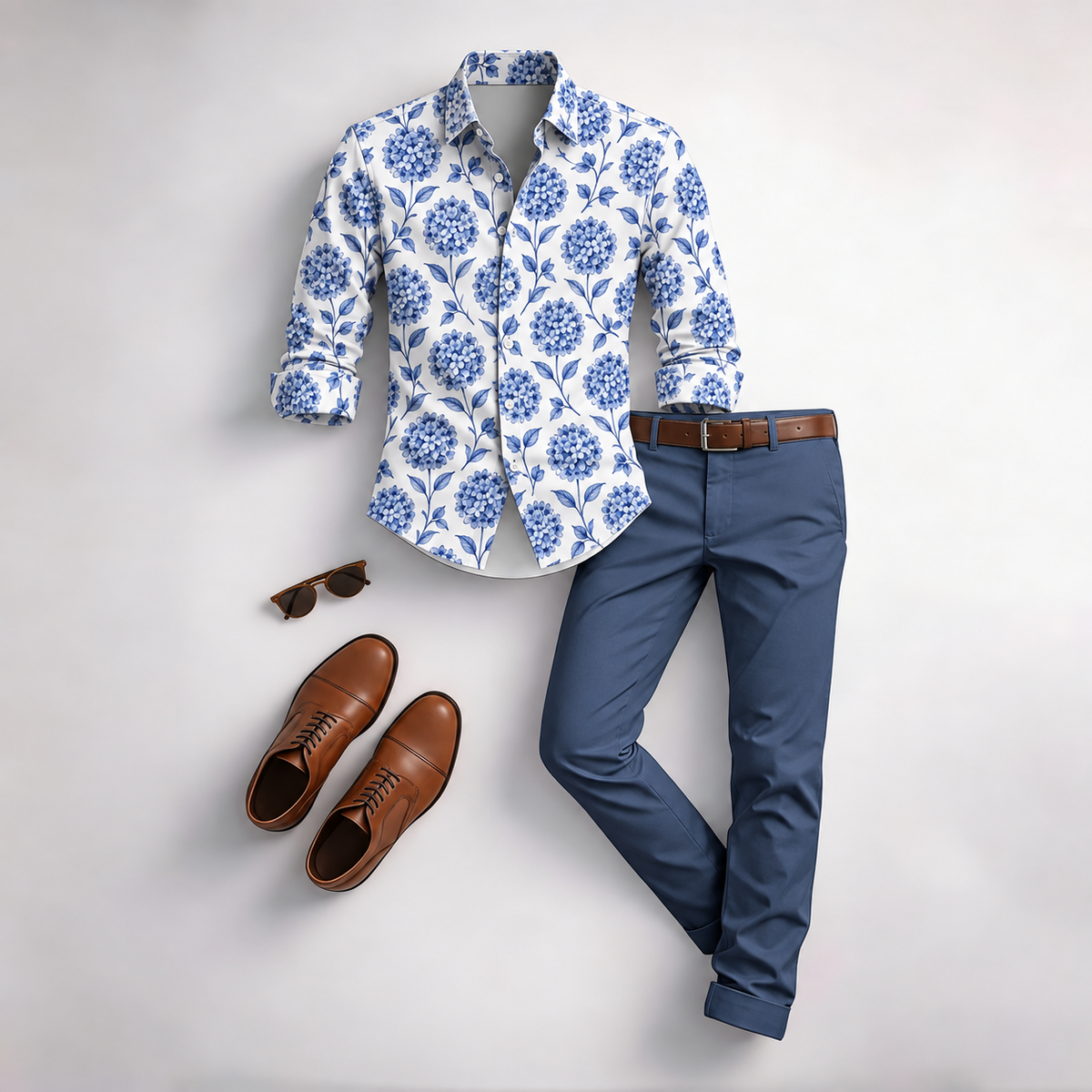 Men's Vintage Floral Print Long-Sleeve Shirt and Pants 2-Piece Set