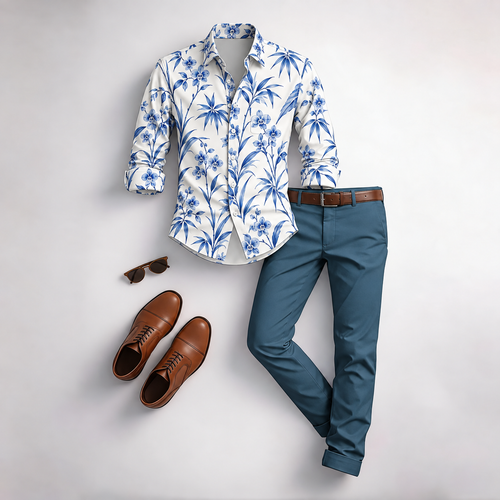 Men's Vintage Floral Print Long-Sleeve Shirt and Pants 2-Piece Set