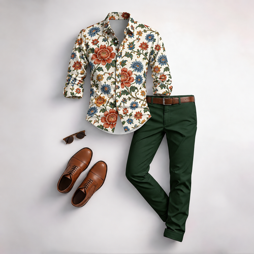 Men's Vintage Floral Print Long-Sleeve Shirt and Pants 2-Piece Set