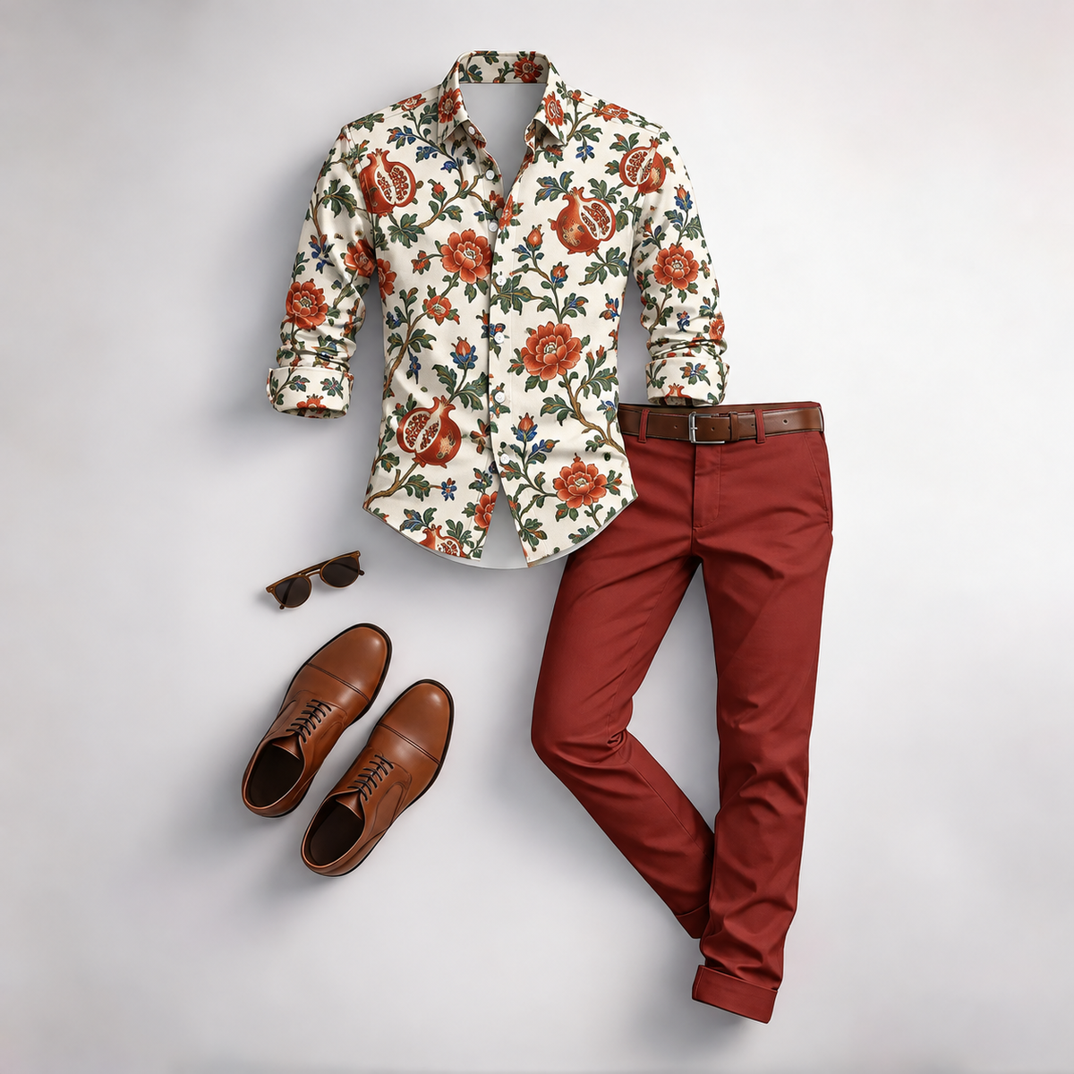 Men's Vintage Floral Print Long-Sleeve Shirt and Pants 2-Piece Set