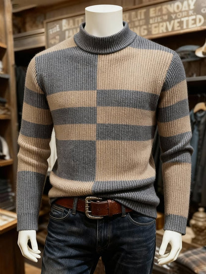 Men'S Warm Ribbed Contrast Color Mid-High Collar Sweater