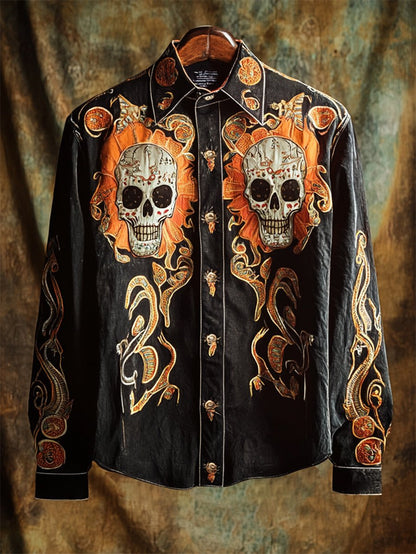 Men's Retro Casual Skull Print Long Sleeve Shirt