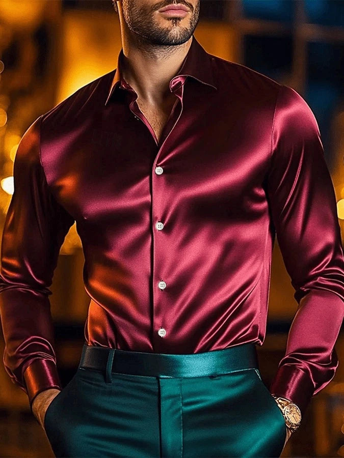 Men's Vintage Business Casual Printed Satin Long Sleeve Shirt