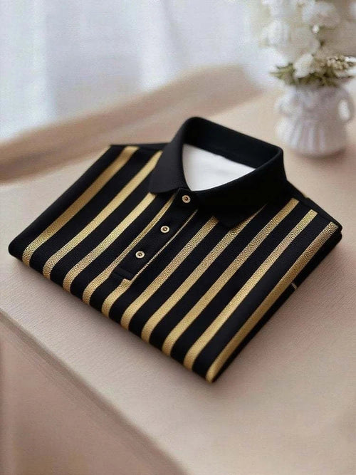 Men's Business Casual Gold and Black Stripe Logo Button Short Sleeve Polo Shirt