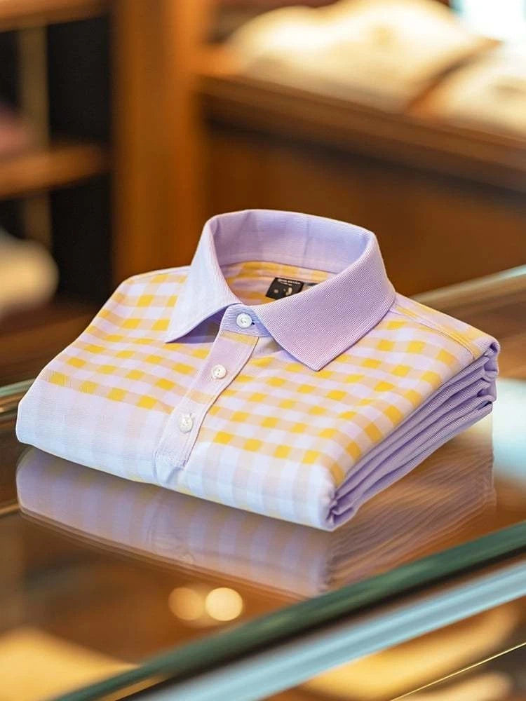 Men's Business Casual Pink and Yellow Plaid Logo Button Short Sleeve Polo Shirt