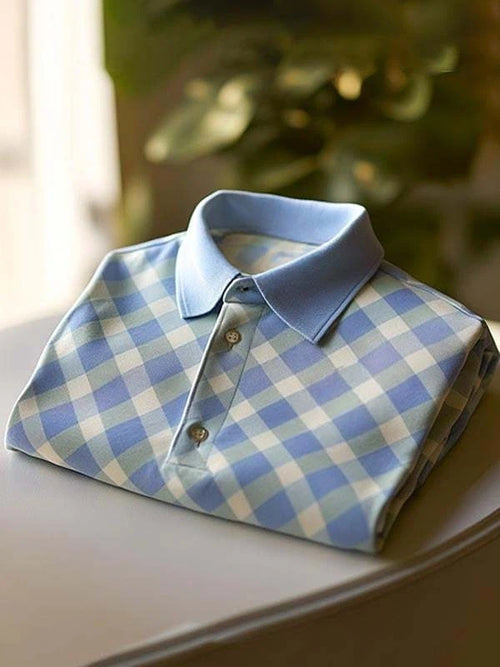 Men's Classic Business Contrast Stripe Logo Button Short Sleeve Polo Shirt